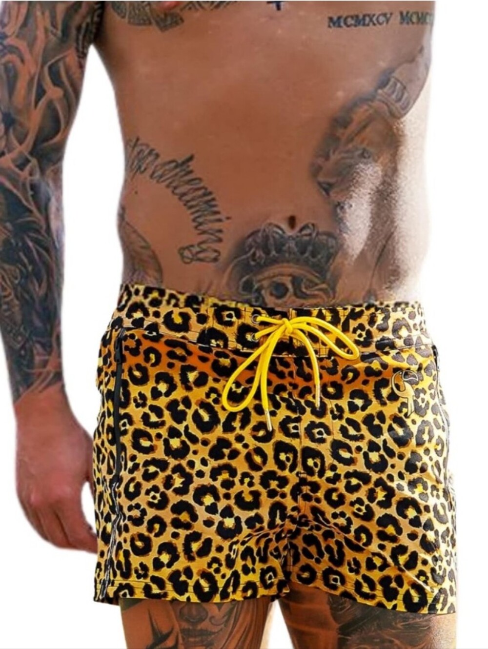 Tucann Men's Leopard Print Gold Swim Trunks Lined Short Shorts Large